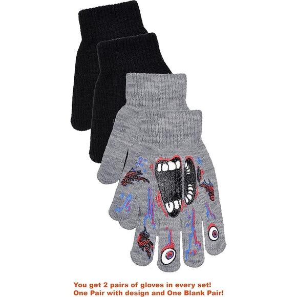 Boys 2 pairs of Gloves: 1-Halloween AND 1-Black (Monster Gray) - Picture 1 of 3